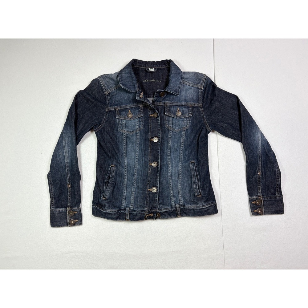 Eddie Bauer Womens Dark Wash Stretch Denim Trucker Jacket Blue Size M